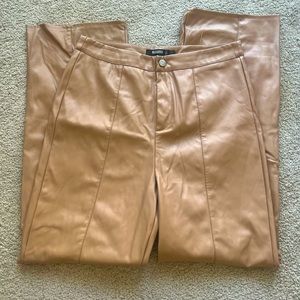 Misguided: Brown Leather Pants w/ Bottom Slit